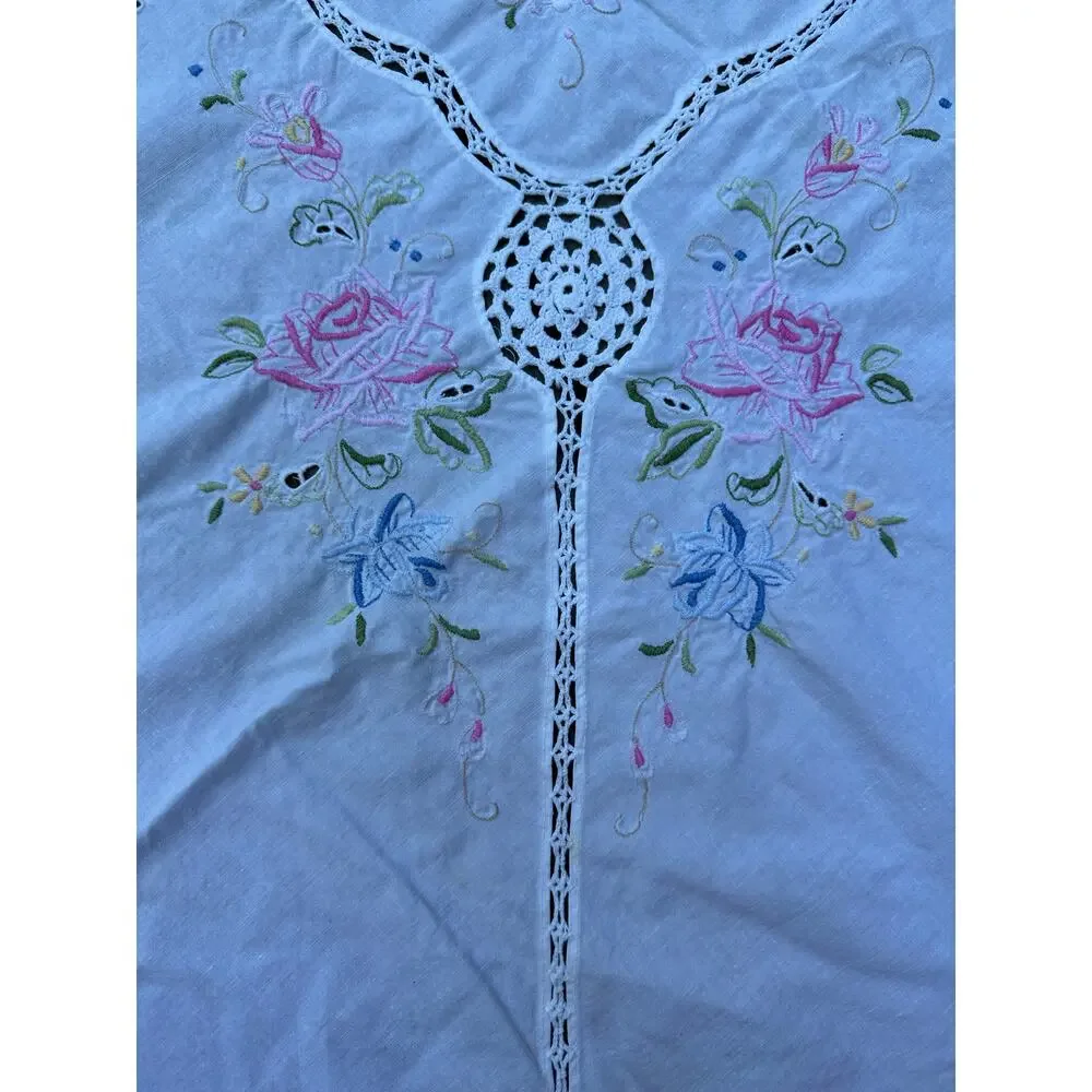 Vintage Hand Embroidered Tablecloth White floral pink blue beautiful cut out